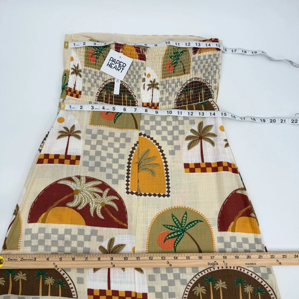Paper Heart Dress Womens L Linen Blend Strapless Maxi Tropical Palms Long NWT